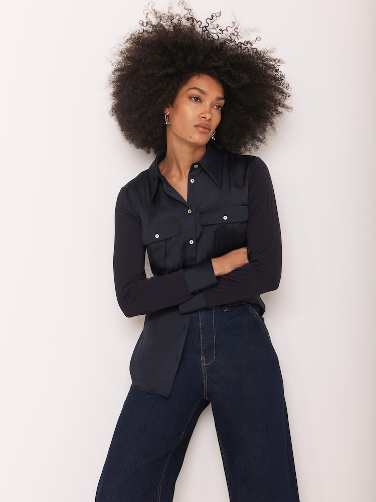 Mint Velvet Blue Satin Utility Shirt - Image 1 of 8