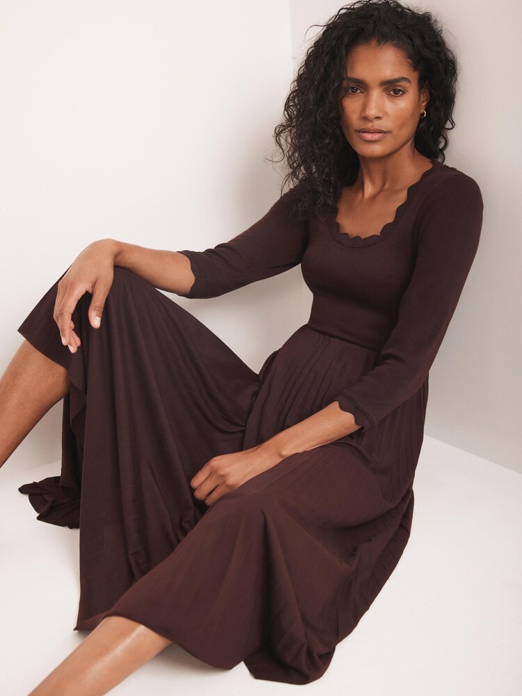 Mint Velvet Red Burgundy Scallop Trim Midi Dress - Image 2 of 8
