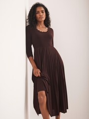 Mint Velvet Red Burgundy Scallop Trim Midi Dress - Image 5 of 8