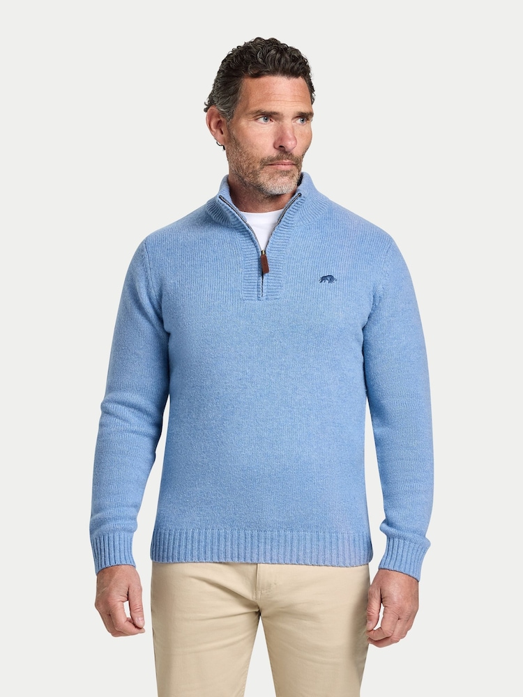 Raging Bull Blue Chunky Fleck Quarter Zip Knit Jumper - Image 1 of 6 Raging Bull Blue Chunky Fleck Quarter Zip Knit Jumper - Image 1 of 6