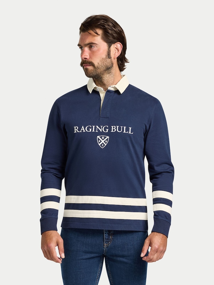 Raging Bull Blue Long Sleeve Cut & Sew Stripes Rugby Shirt - Image 1 of 5 Raging Bull Blue Long Sleeve Cut & Sew Stripes Rugby Shirt - Image 1 of 5