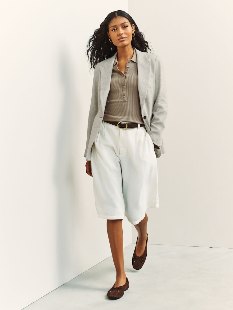 Neutral Linen Rich Herringbone Single Breasted Blazer - Image 2 of 7