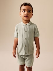 Sage Green Textured Knitted Button Through Polo Shirt and Shorts Set (3mths-10yrs) - Image 1 of 8