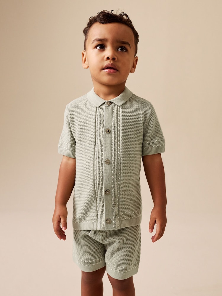 Sage Green Textured Knitted Button Through Polo Shirt and Shorts Set (3mths-10yrs) - Image 1 of 8