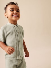 Sage Green Textured Knitted Button Through Polo Shirt and Shorts Set (3mths-10yrs) - Image 2 of 8