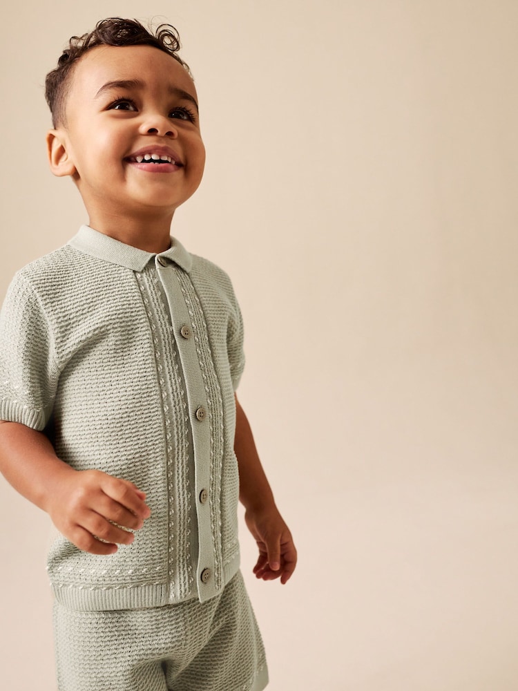 Sage Green Textured Knitted Button Through Polo Shirt and Shorts Set (3mths-10yrs) - Image 2 of 8