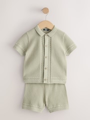Sage Green Textured Knitted Button Through Polo Shirt and Shorts Set (3mths-10yrs) - Image 4 of 8