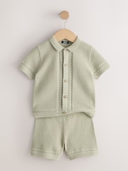 Sage Green Textured Knitted Button Through Polo Shirt and Shorts Set (3mths-10yrs) - Image 6 of 8