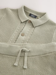Sage Green Textured Knitted Button Through Polo Shirt and Shorts Set (3mths-10yrs) - Image 7 of 8
