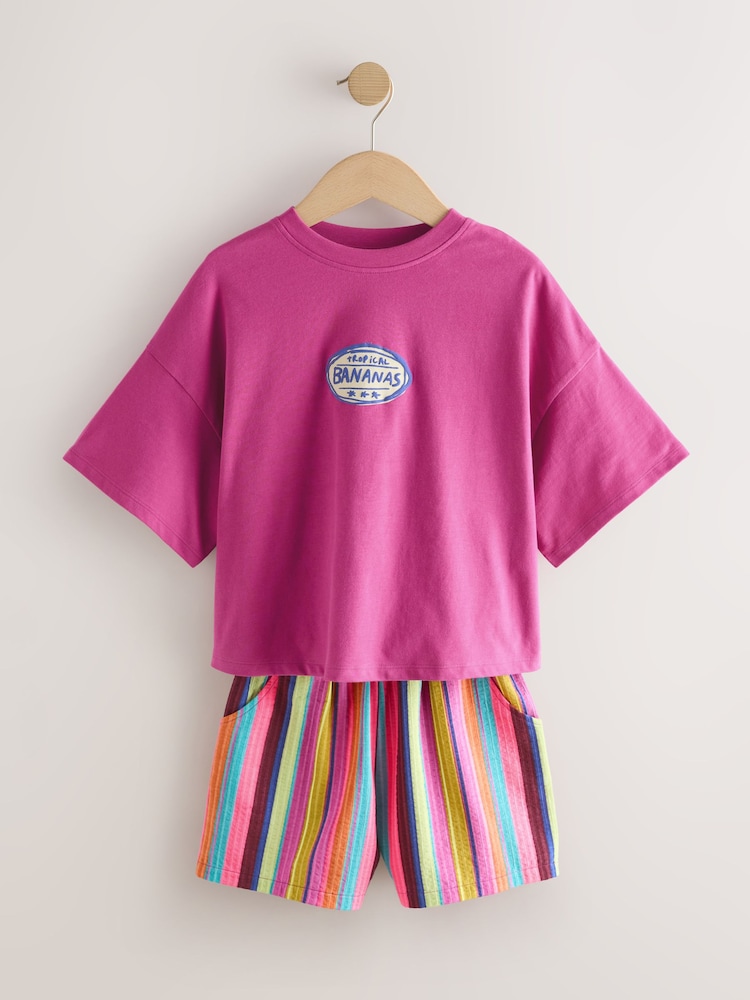 Pink/Stripe Fruit T-Shirt and Textured Shorts Set (3-16yrs) - Image 1 of 5