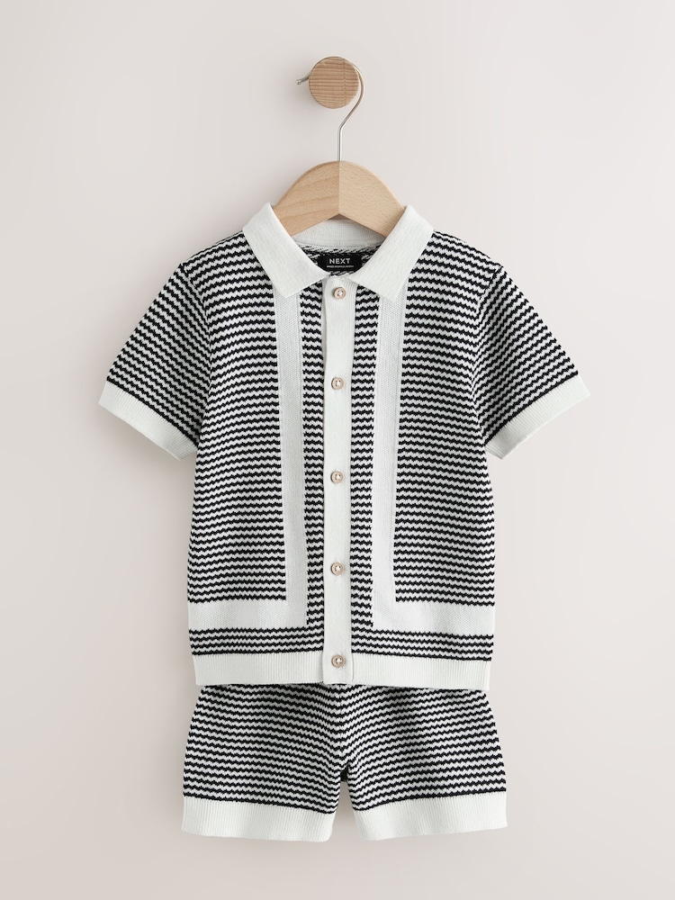 Black/White Knitted Polo Shirt and Shorts Set (3mths-10yrs) - Image 1 of 4