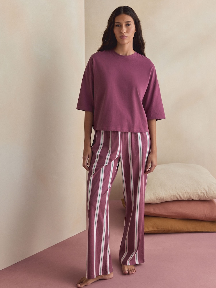 Burgundy/Pink Stripe Short Sleeve Pyjamas 2 Pack - Image 1 of 4 Burgundy/Pink Stripe Short Sleeve Pyjamas 2 Pack - Image 1 of 4