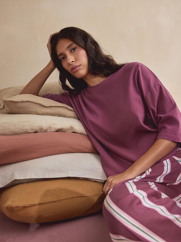 Burgundy/Pink Stripe Short Sleeve Pyjamas 2 Pack - Image 2 of 4 Burgundy/Pink Stripe Short Sleeve Pyjamas 2 Pack - Image 2 of 4