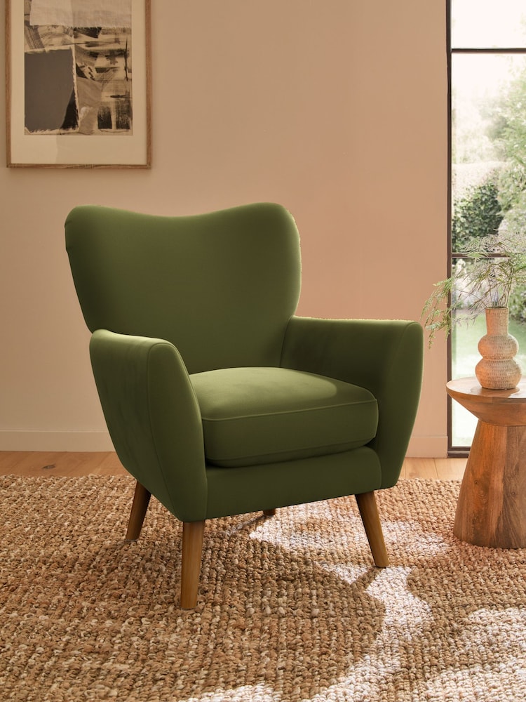 Plush Velvet Easy Clean Mid Olive Green Wilson Highback Armchair - Image 1 of 5