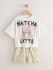 Cream/Green Matcha T-Shirt and Textured Shorts Set (3-16yrs) - Image 1 of 5