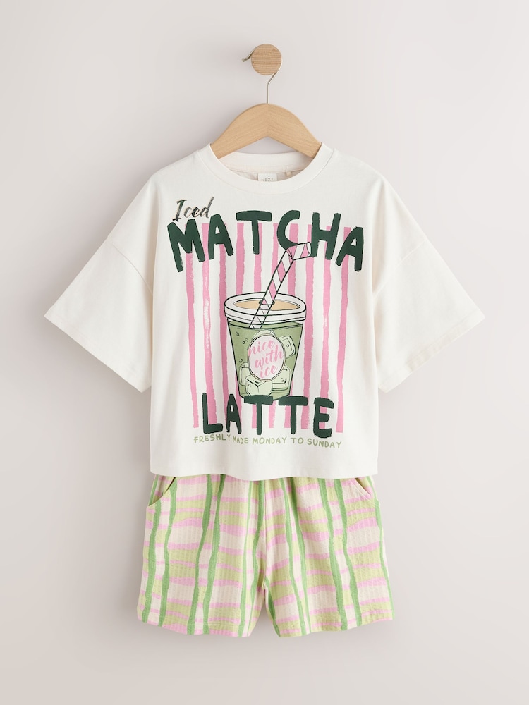 Cream/Green Matcha T-Shirt and Textured Shorts Set (3-16yrs) - Image 1 of 5