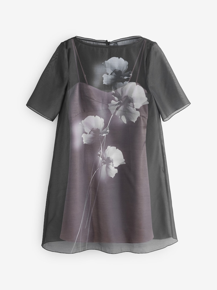 Ted Baker Black Fallyn Printed Organza Overlay Mini T-Shirt Dress - Image 1 of 1 Ted Baker Black Fallyn Printed Organza Overlay Mini T-Shirt Dress - Image 1 of 1