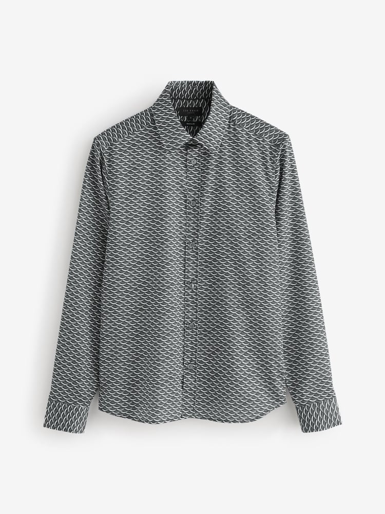 Ted Baker Grey Agnar Long Sleeve Regular Fit Wave Geo Print Shirt - Image 1 of 1