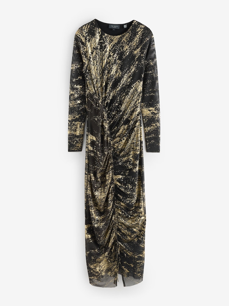 Ted Baker Black Nohaa Foil Printed Long Sleeve Mesh Bodycon Dress - Image 1 of 1