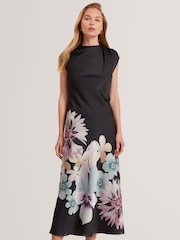 Ted Baker Black Demita Printed Short Sleeve Draped Neck Midi Dress - Image 1 of 8