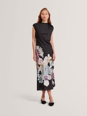 Ted Baker Black Demita Printed Short Sleeve Draped Neck Midi Dress - Image 2 of 8