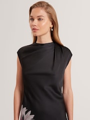 Ted Baker Black Demita Printed Short Sleeve Draped Neck Midi Dress - Image 3 of 8