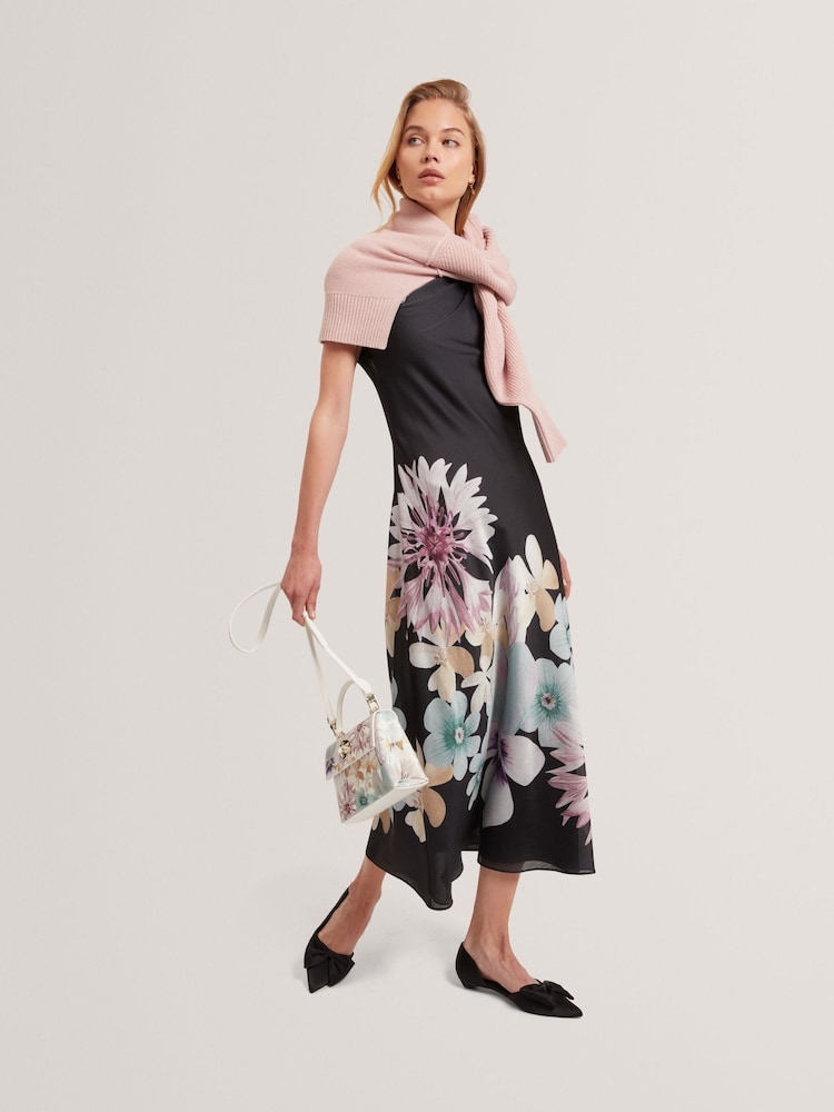 knee length dresses for ladies TED BAKER BLACK & FLORAL PRINT SLEEVELESS PENCIL DRESS SIZE 2 UK 10   Whispers Dress Agency