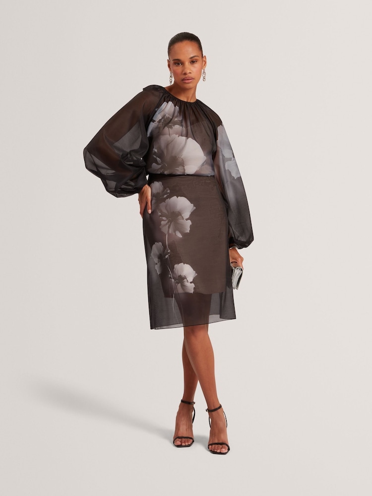 Ted Baker Black Plaaza Puff Sleeve Blouse With Organza Overlay - Image 1 of 7 Ted Baker Black Plaaza Puff Sleeve Blouse With Organza Overlay - Image 1 of 7