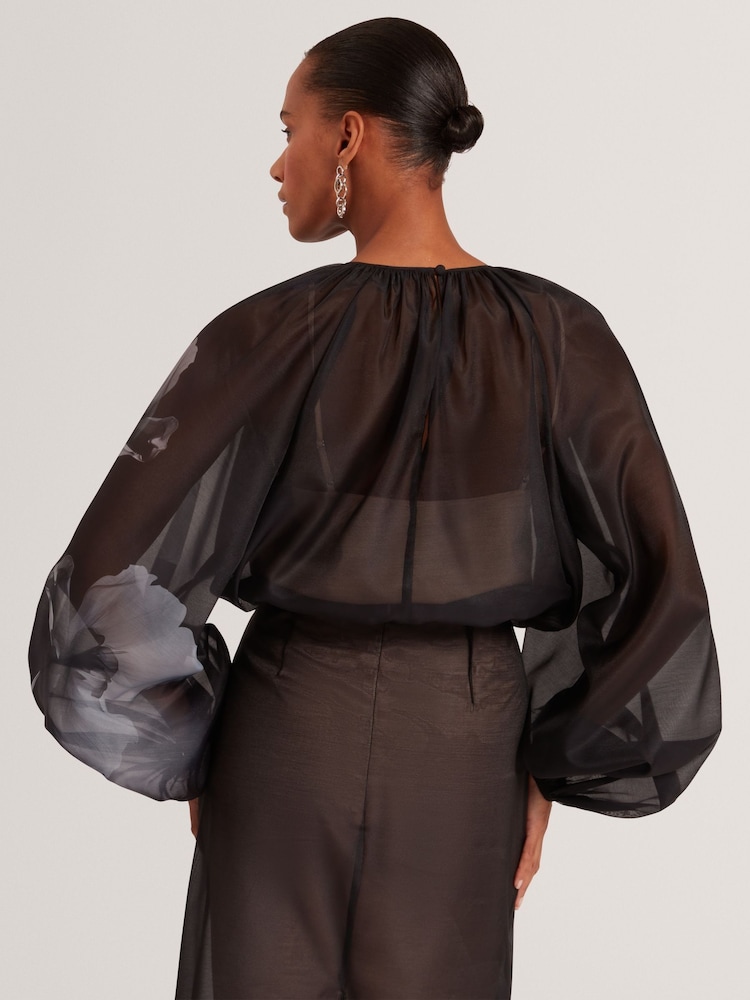Ted Baker Black Plaaza Puff Sleeve Blouse With Organza Overlay - Image 2 of 7 Ted Baker Black Plaaza Puff Sleeve Blouse With Organza Overlay - Image 2 of 7