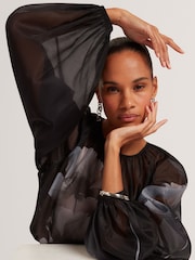 Ted Baker Black Plaaza Puff Sleeve Blouse With Organza Overlay - Image 3 of 7