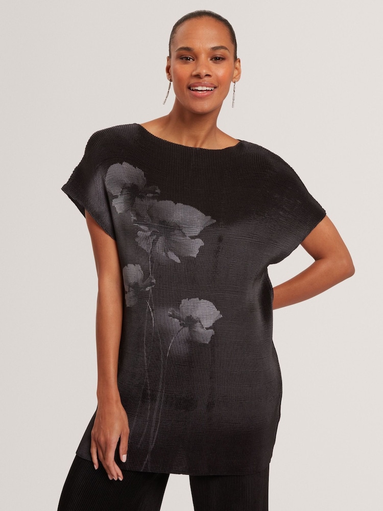 Ted Baker Black Eloti - Printed Short Sleeve Plisse Top - Image 1 of 4 Ted Baker Black Eloti - Printed Short Sleeve Plisse Top - Image 1 of 4