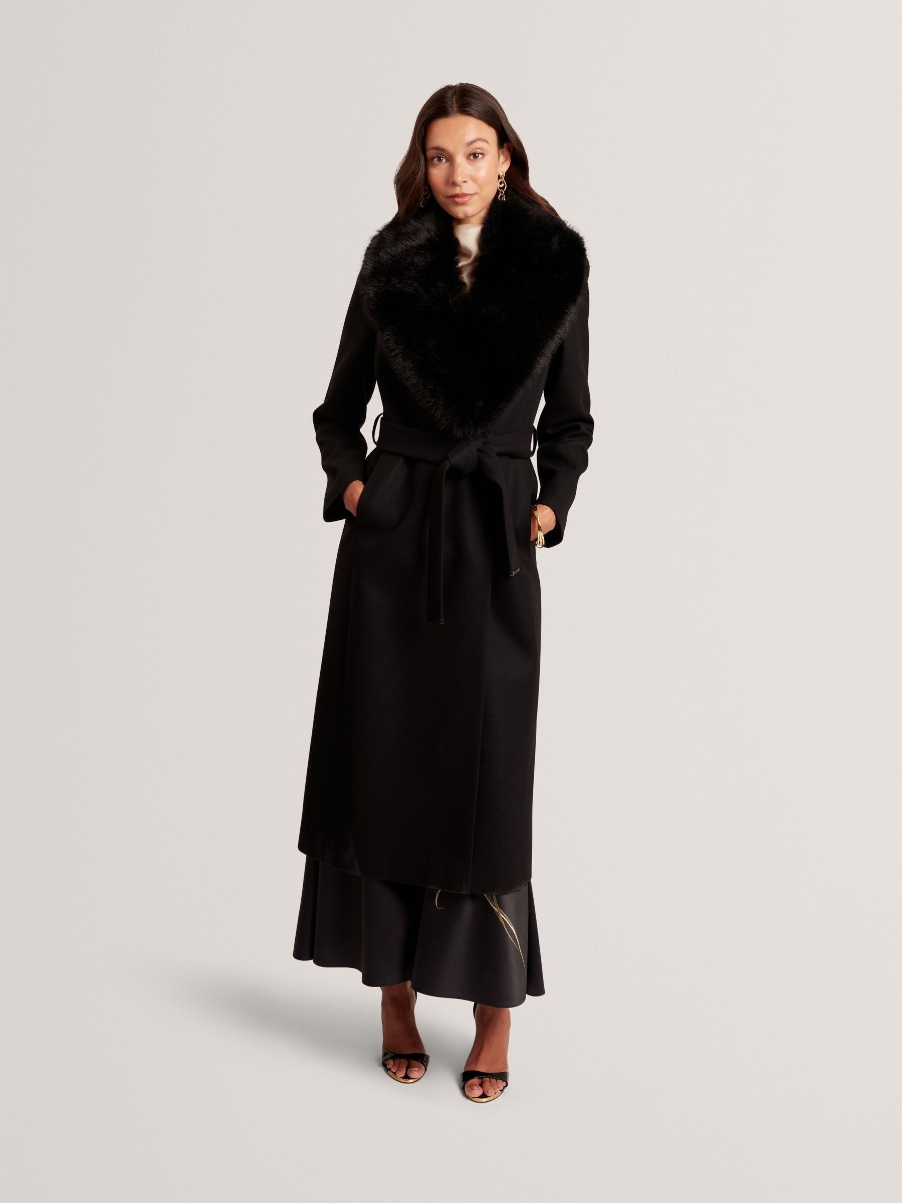 Treat Ürself Muse fur flare coat（black） Buy Ted Baker Black Musea - Faux Fur Belted Long Coat from Next