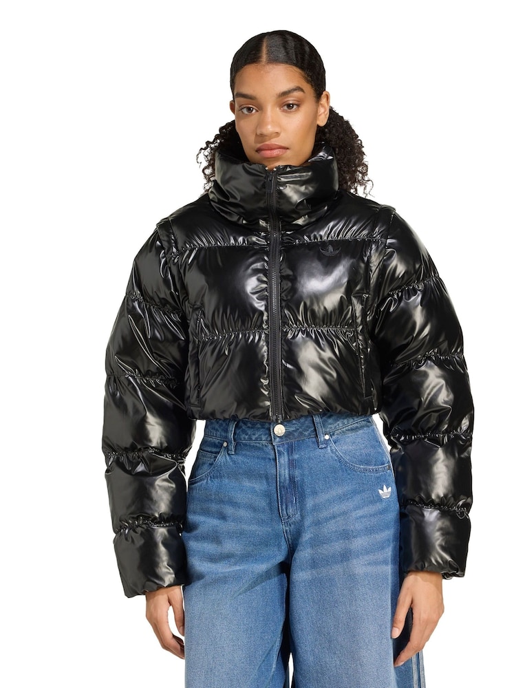 adidas Originals Black Essentials Glossy 2-In-1 Cropped Puffer Jacket - Image 1 of 5 adidas Originals Black Essentials Glossy 2-In-1 Cropped Puffer Jacket - Image 1 of 5