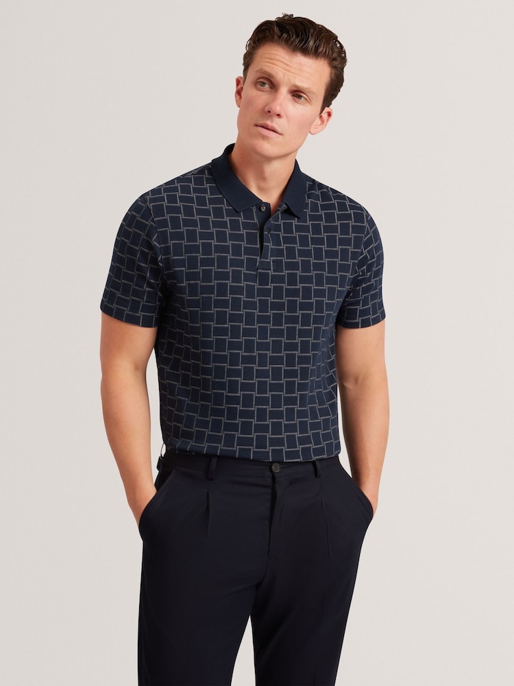 Ted Baker Blue Eduard Short Sleeve Square Jacquard Polo Shirts - Image 1 of 8