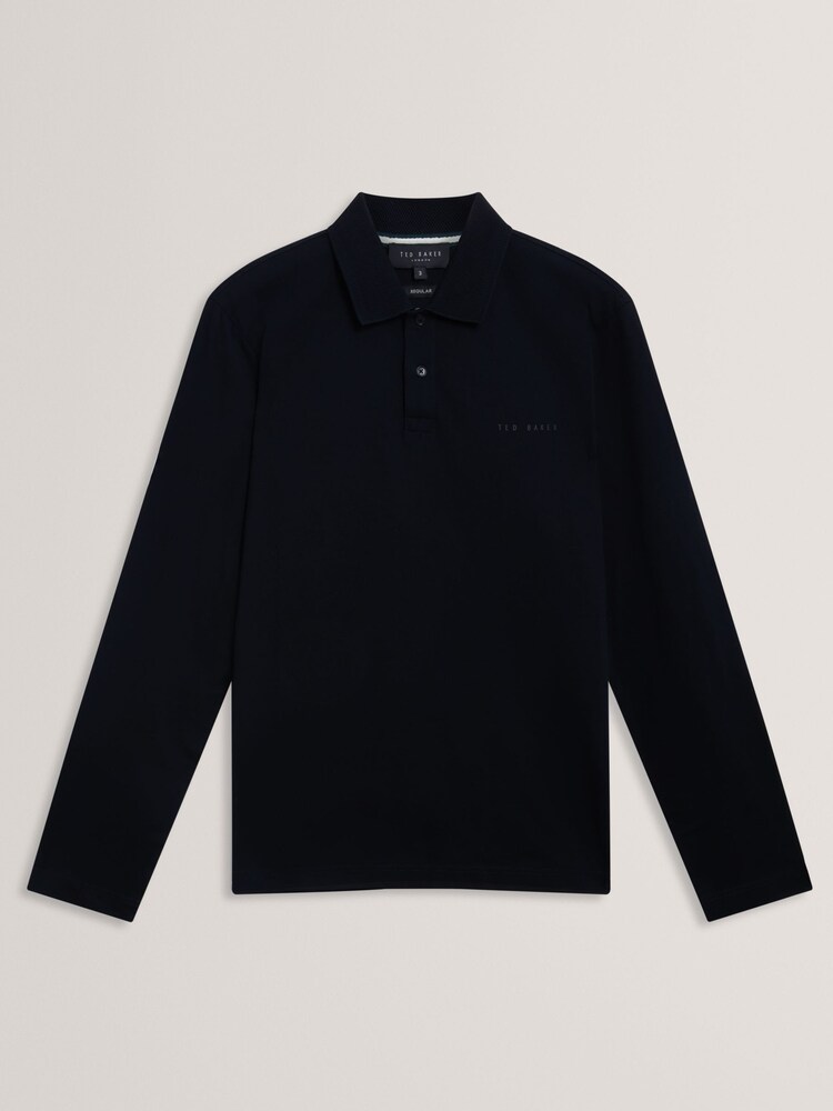 Ted Baker Blue Branded Honeycomb Trim Long Sleeve Polo Shirt - Image 1 of 2