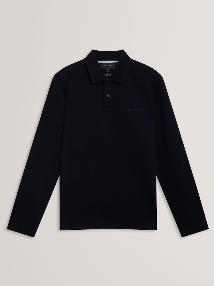 Ted Baker Blue Branded Honeycomb Trim Long Sleeve Polo Shirt - Image 1 of 2 Ted Baker Blue Branded Honeycomb Trim Long Sleeve Polo Shirt - Image 1 of 2