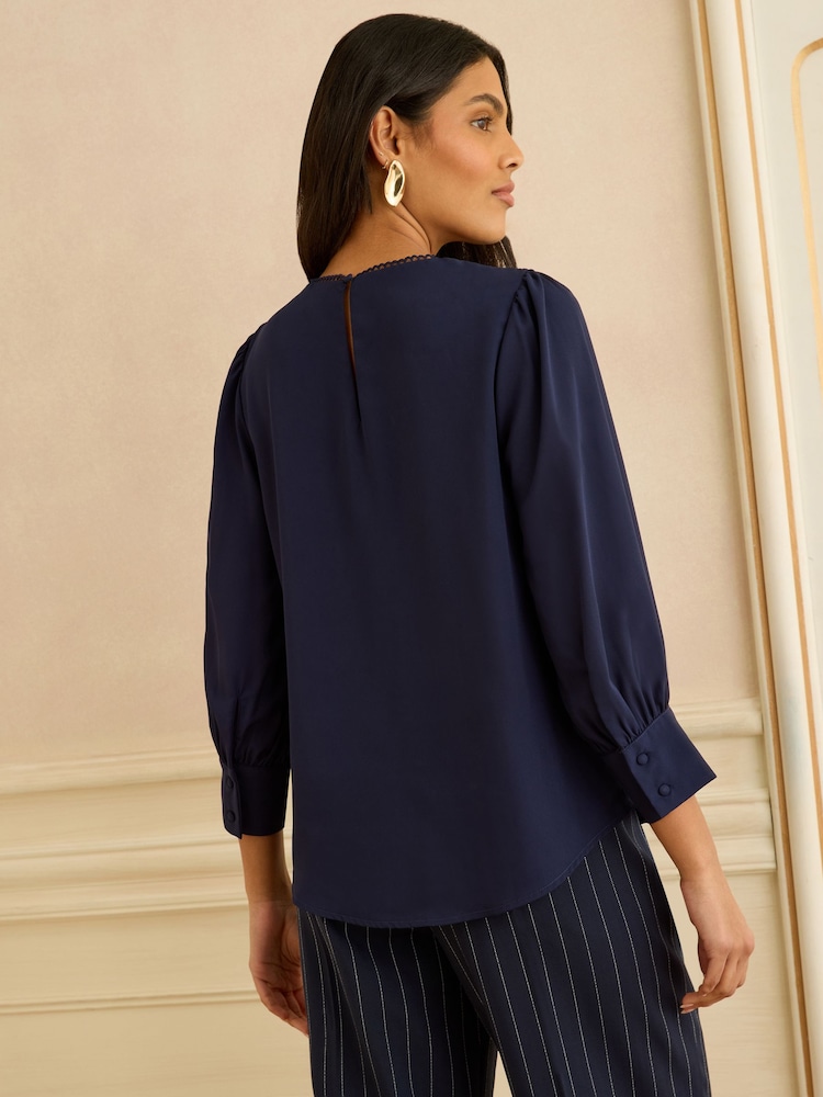 Love & Roses Navy 3/4 Sleeve Scallop Detail Blouse - Image 2 of 4