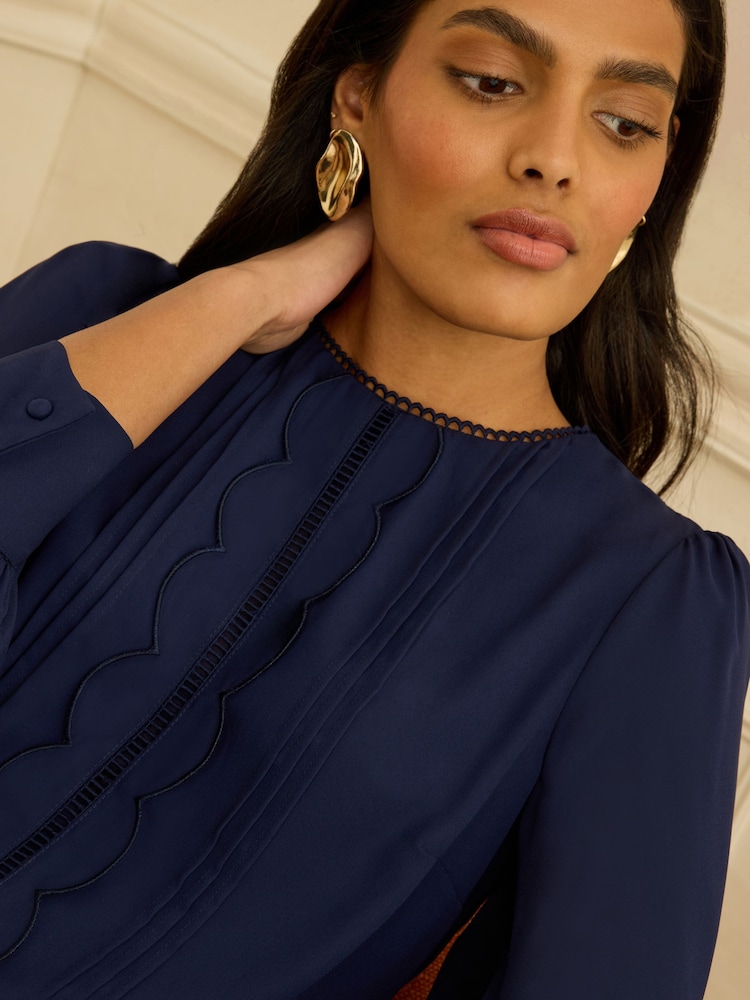 Love & Roses Navy 3/4 Sleeve Scallop Detail Blouse - Image 4 of 4