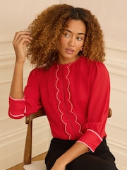 Love & Roses Red 3/4 Sleeve Scallop Detail Blouse - Image 1 of 4
