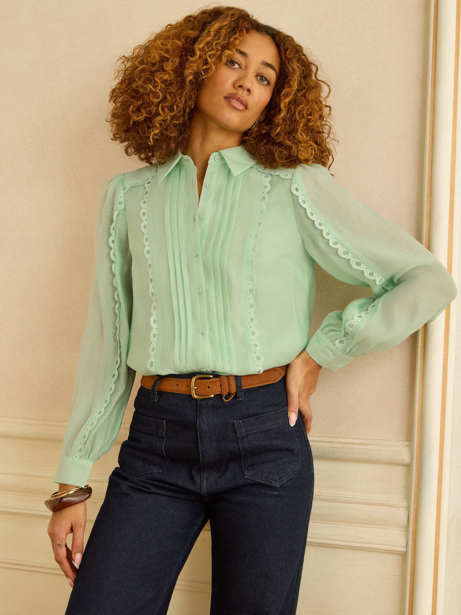Buy Love & Roses Mint Green Long Sleeve Button Through Lace Trim