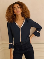 Love & Roses Navy Sequin Trim 3/4 Flute Sleeve Blouse - Image 1 of 4