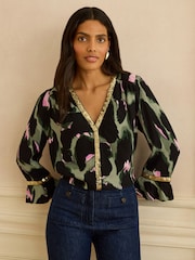 Love & Roses Animal Sequin Trim 3/4 Flute Sleeve Blouse - Image 1 of 4