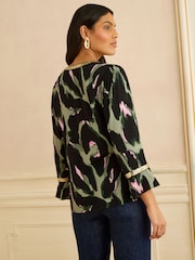 Love & Roses Animal Sequin Trim 3/4 Flute Sleeve Blouse - Image 3 of 4