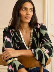 Love & Roses Animal Sequin Trim 3/4 Flute Sleeve Blouse - Image 4 of 4