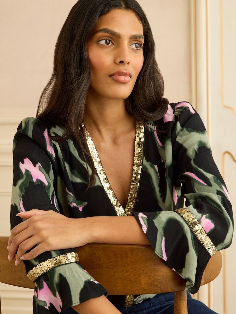 Love & Roses Animal Sequin Trim 3/4 Flute Sleeve Blouse - Image 4 of 4 Love & Roses Animal Sequin Trim 3/4 Flute Sleeve Blouse - Image 4 of 4