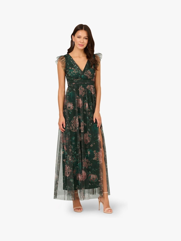 Adrianna Papell Green Print Tulle Maxi Dress - Image 2 of 6 Adrianna Papell Green Print Tulle Maxi Dress - Image 2 of 6