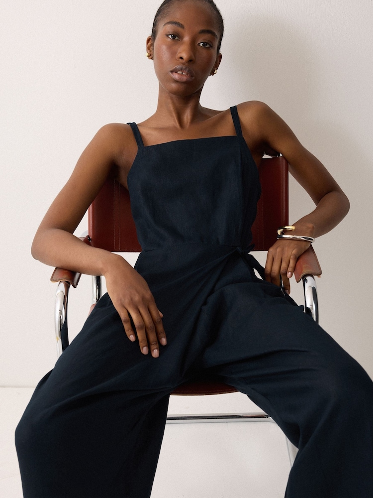 Jigsaw Blue Linen Tie Front Jumpsuit - Image 1 of 2 Jigsaw Blue Linen Tie Front Jumpsuit - Image 1 of 2