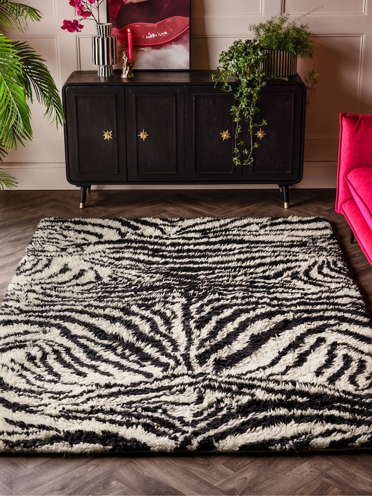 Rockett St George Black Dirty Zebra Shaggy Berber Wool Rug - Image 1 of 5