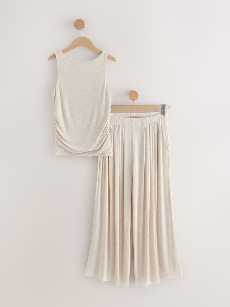 self. Neutral Short Sleeve Ribbed Pyjamas with Ruching - Image 1 of 3 self. Neutral Short Sleeve Ribbed Pyjamas with Ruching - Image 1 of 3