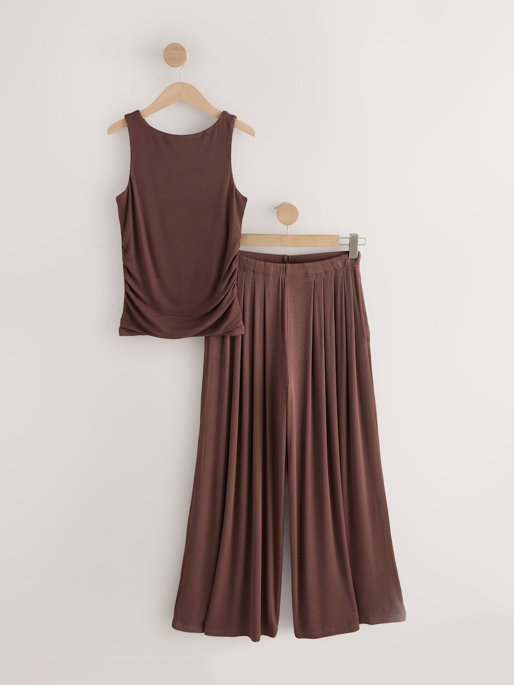 self. Chocolate Brown Rib Pyjama set with Ruching - Image 1 of 3
